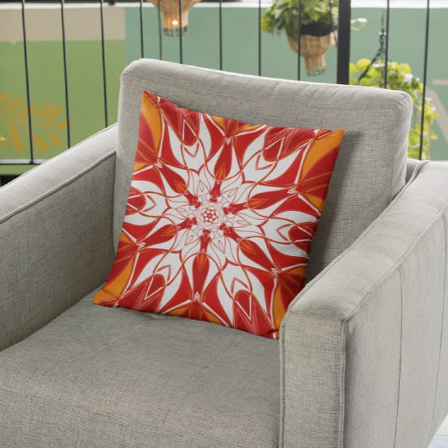 Cartoon Mandala Flower Red Orange and White Cushion (Creator Uploaded)
