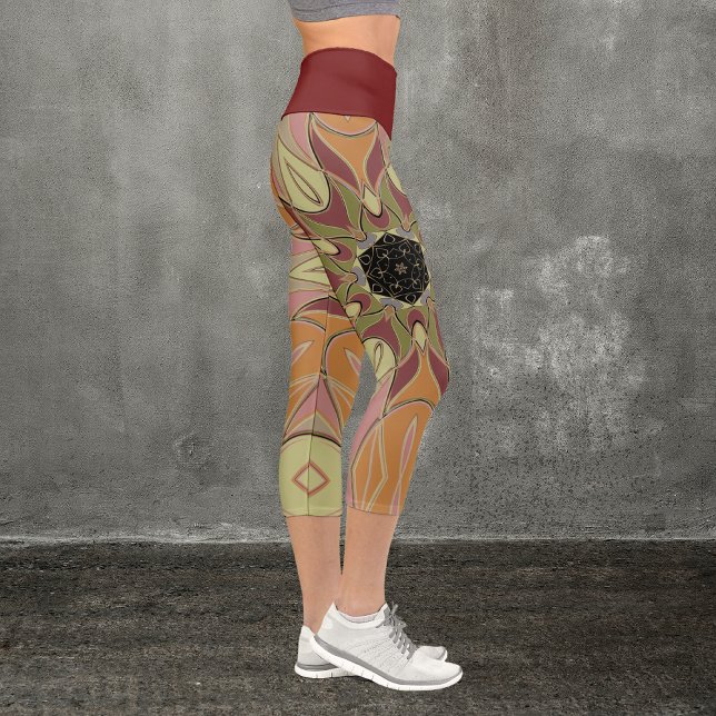 Cartoon Mandala Flower Red Orange and Yellow Capri Leggings (Creator Uploaded)
