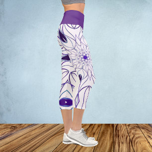 Cartoon Mandala Flower White and Purple Capri Leggings