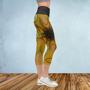Cartoon Mandala Flower Yellow and Green Capri Leggings