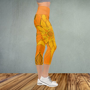 Cartoon Mandala Flower Yellow Capri Leggings