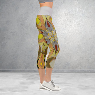 Cartoon Mandala Flower Yellow Grey and Red Capri Leggings