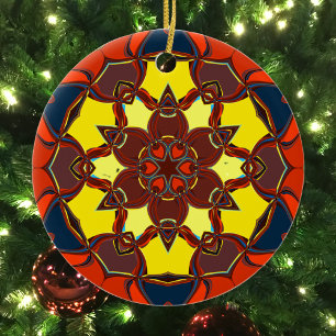 Cartoon Mandala Flower Yellow Orange and Blue Ceramic Tree Decoration