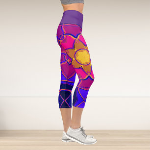 Cartoon Mandala Flower Yellow Pink and Blue Capri Leggings