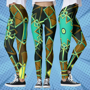 Cartoon Mandala Green Black and Yellow Leggings