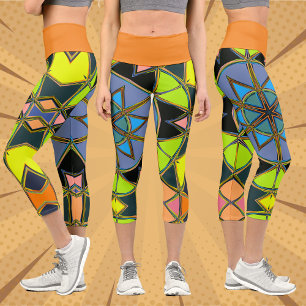 Cartoon Mandala Green Blue and Orange Capri Leggings