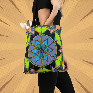 Cartoon Mandala Green Blue and Orange Tote Bag