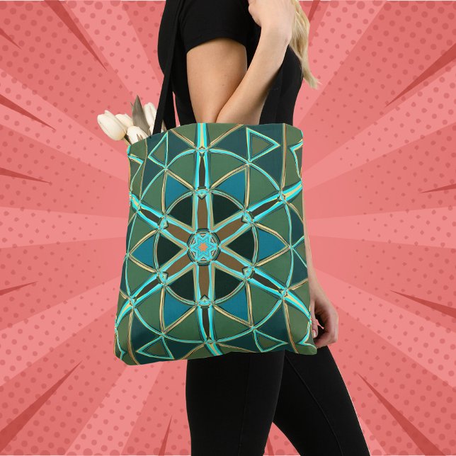 Cartoon Mandala Green Blue and Yellow Tote Bag (Creator Uploaded)