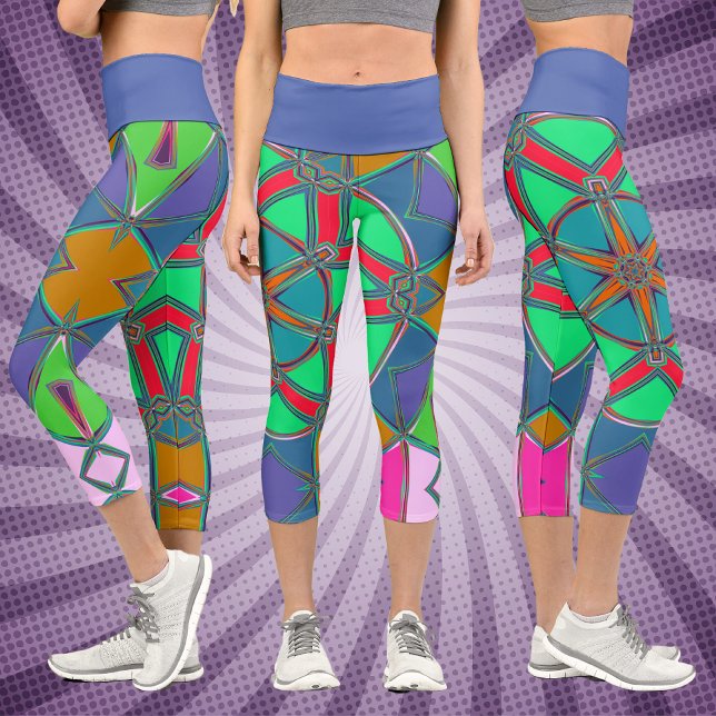 Cartoon Mandala Green Red and Blue Capri Leggings (Creator Uploaded)
