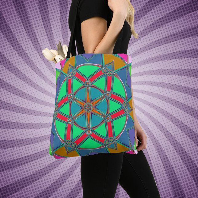Cartoon Mandala Green Red and Blue Tote Bag (Creator Uploaded)