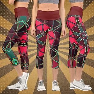 Cartoon Mandala Red and Green Capri Leggings
