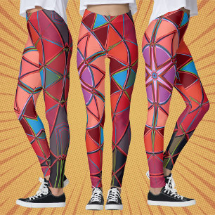 Cartoon Mandala Red Pink and Blue Leggings