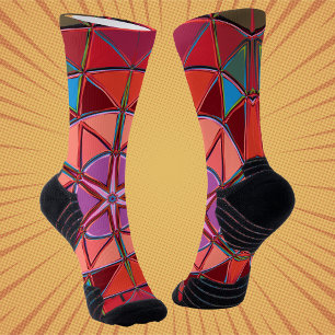 Cartoon Mandala Red Pink and Blue Socks