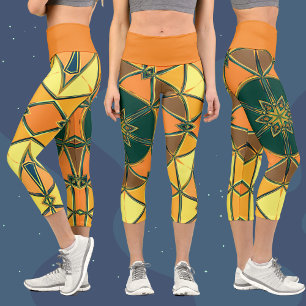 Cartoon Mandala Yellow Orange and Green Capri Leggings