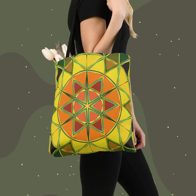 Cartoon Mandala Yellow Orange and Green Tote Bag (Creator Uploaded)