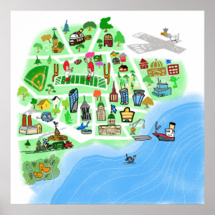 Cartoon Map of an Imaginary Port City Poster