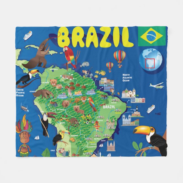 Cartoon Map of Brazil Fleece Blanket (Front (Horizontal))