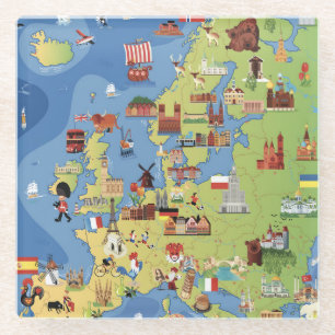 Cartoon Map of Europe Glass Coaster