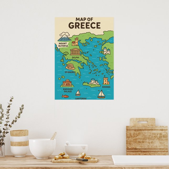 Cartoon Map of Greece – Illustrated Landmarks  Poster (Kitchen)