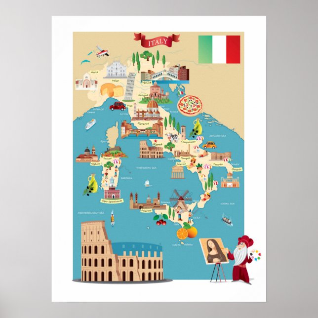 Cartoon Map of Italy Poster (Front)