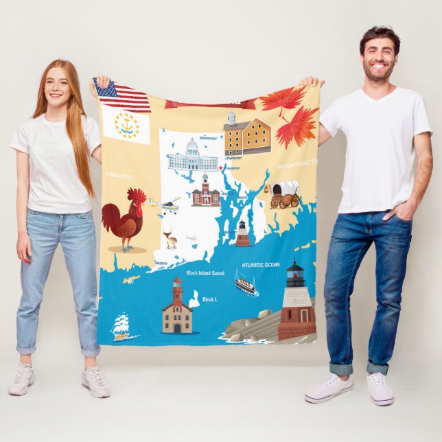 Cartoon Map of Rhode Island Fleece Blanket (In Situ)