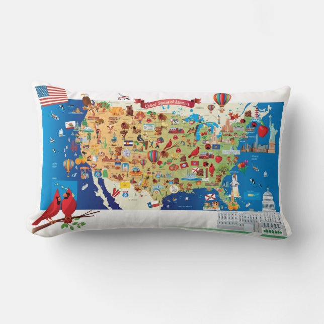 Cartoon Map of USA Lumbar Cushion (Front)