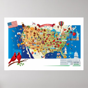 Cartoon Map of USA Poster