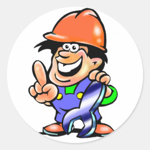 Cartoon Mechanic Construction Worker with Wrench Classic Round Sticker