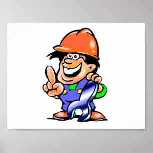 Cartoon Mechanic Construction Worker with Wrench Poster