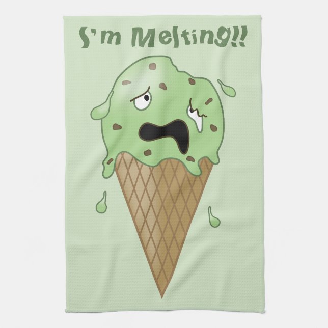 Cartoon Melting Ice Cream Cone (I'm Melting) Tea Towel (Vertical)