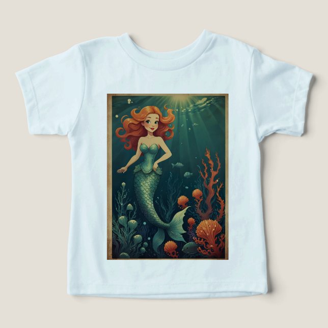 Cartoon Mermaid Girls Tee Whimsical Ocean (Design Front)