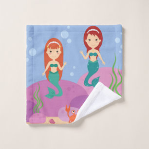 Cartoon mermaid sisters swim in the ocean wash cloth