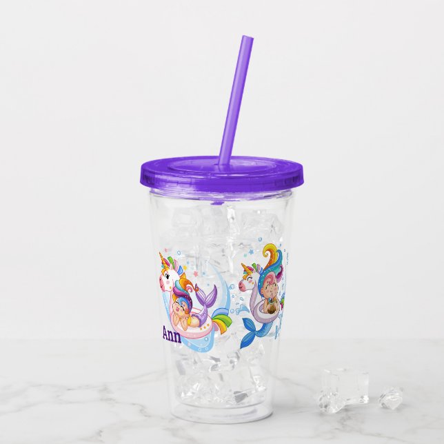 Cartoon Mermaids and Unicorn Custom  Acrylic Tumbler (Back Ice)