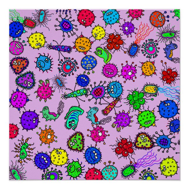 Cartoon Microscopic Bacteria Bug Doodle Art Poster (Front)