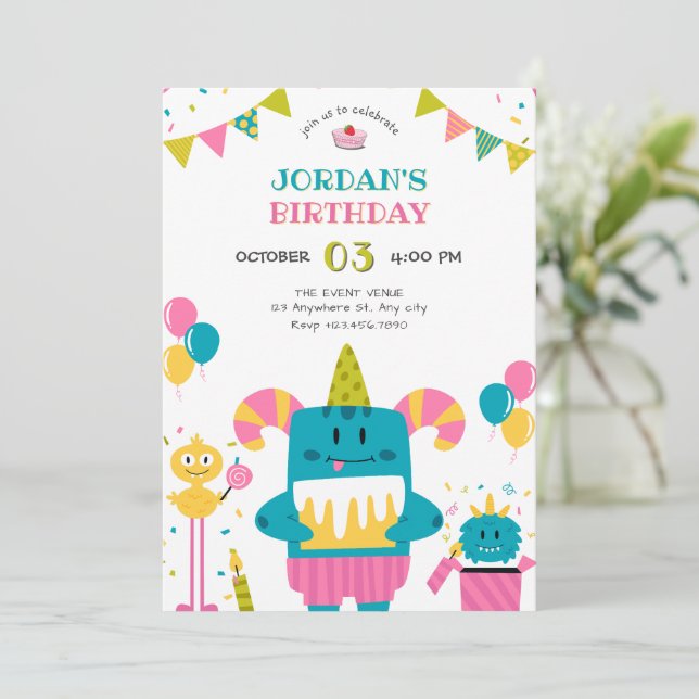 Cartoon monster birthday  invitation (Standing Front)
