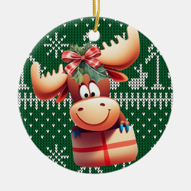 Cartoon Moose on Green  Knitted Pattern Ceramic Tree Decoration (Front)