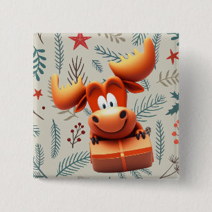 Cartoon Moose with Gift on Christmas Pattern 15 Cm Square Badge