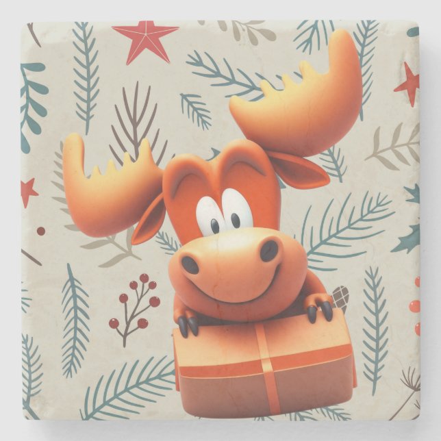 Cartoon Moose with Gift on Christmas  Pattern Stone Coaster (Front)