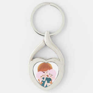 Cartoon Mother With Her Twins Heart Keychain