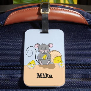 Cartoon Mouse eating Cheese Luggage Tag with Name