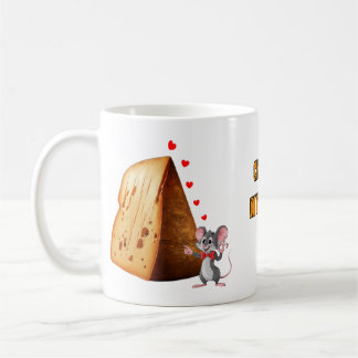 Cartoon Mouse falling in Love with a Cheese on a Coffee Mug