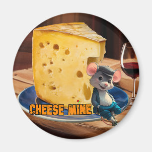 Cartoon Mouse in Love with a slice of Cheese on a Magnet