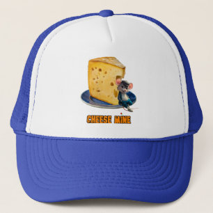 Cartoon Mouse in Love with a slice of Cheese on a Trucker Hat