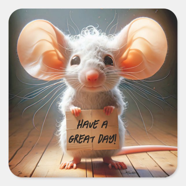 Cartoon Mouse With Cardboard Sign Square Sticker (Front)