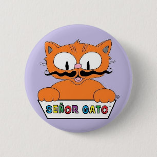 Cartoon Moustache Cat Senor Gato Round Button