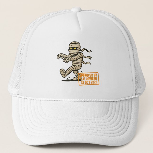 Cartoon Mummy – Approved by Halloween Trucker Hat (Front)