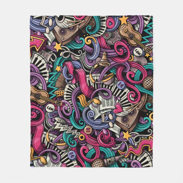 Cartoon Musical: Colourful Doodle Seamless. Fleece Blanket (Front)