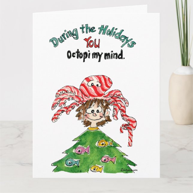 Cartoon Octopus Large Christmas Card (Front)