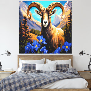 Cartoon Of A Colorado Bighorn Sheep Blue Columbine Canvas Print