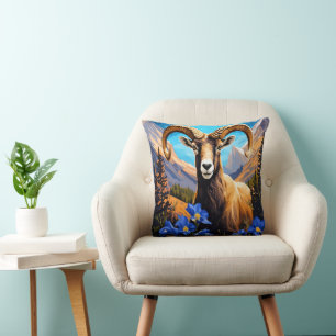 Cartoon Of A Colorado Bighorn Sheep Blue Columbine Cushion